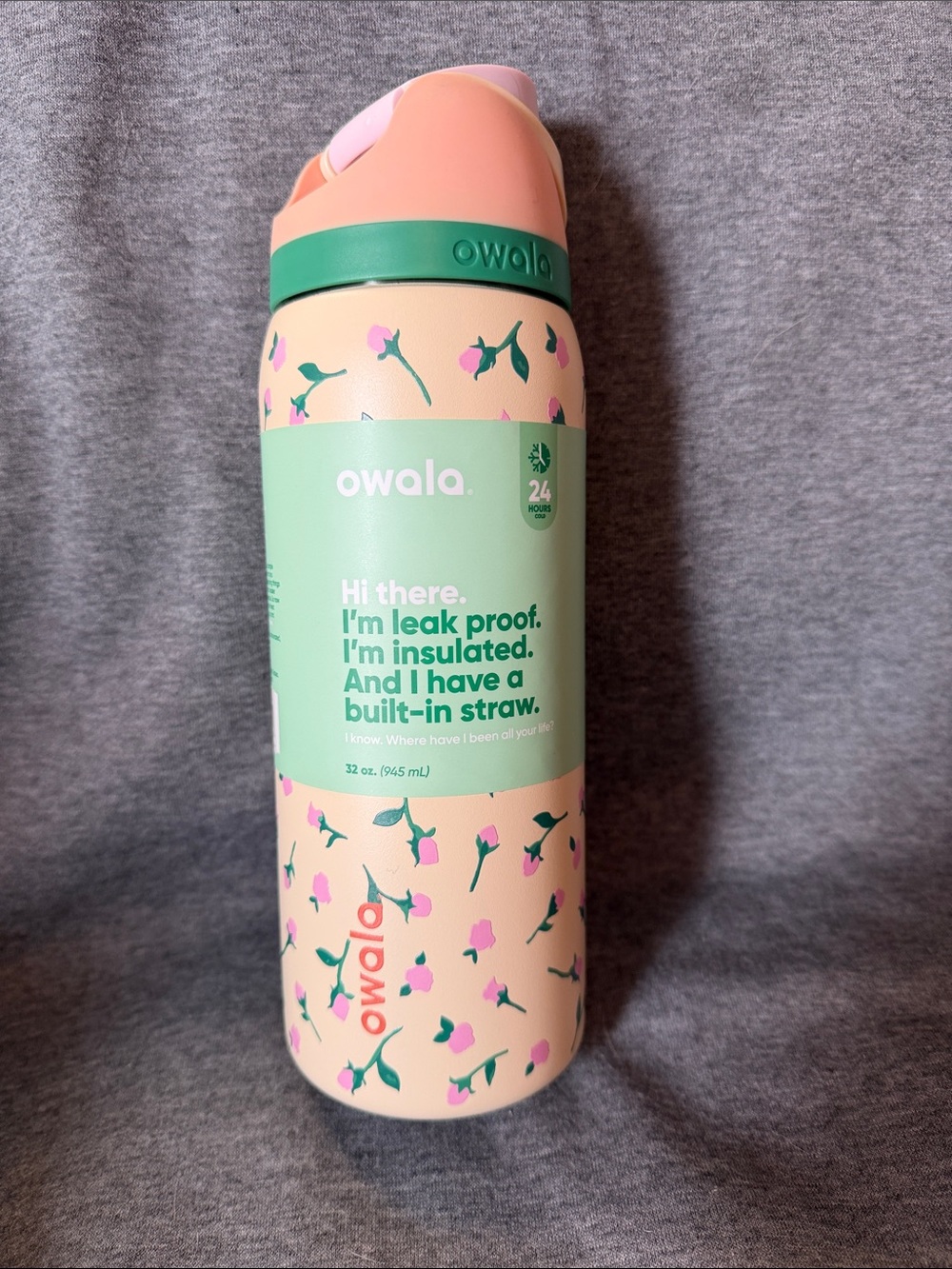 Owala Peach Floral Insulated Water Bottle with Built-In Straw